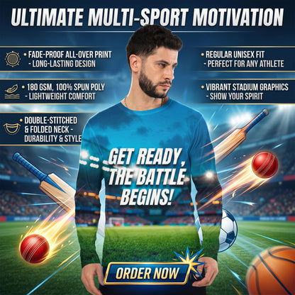 "Get Ready The Battle Begins!" Cricket Motivation Aop Men's Full Sleeve Tee