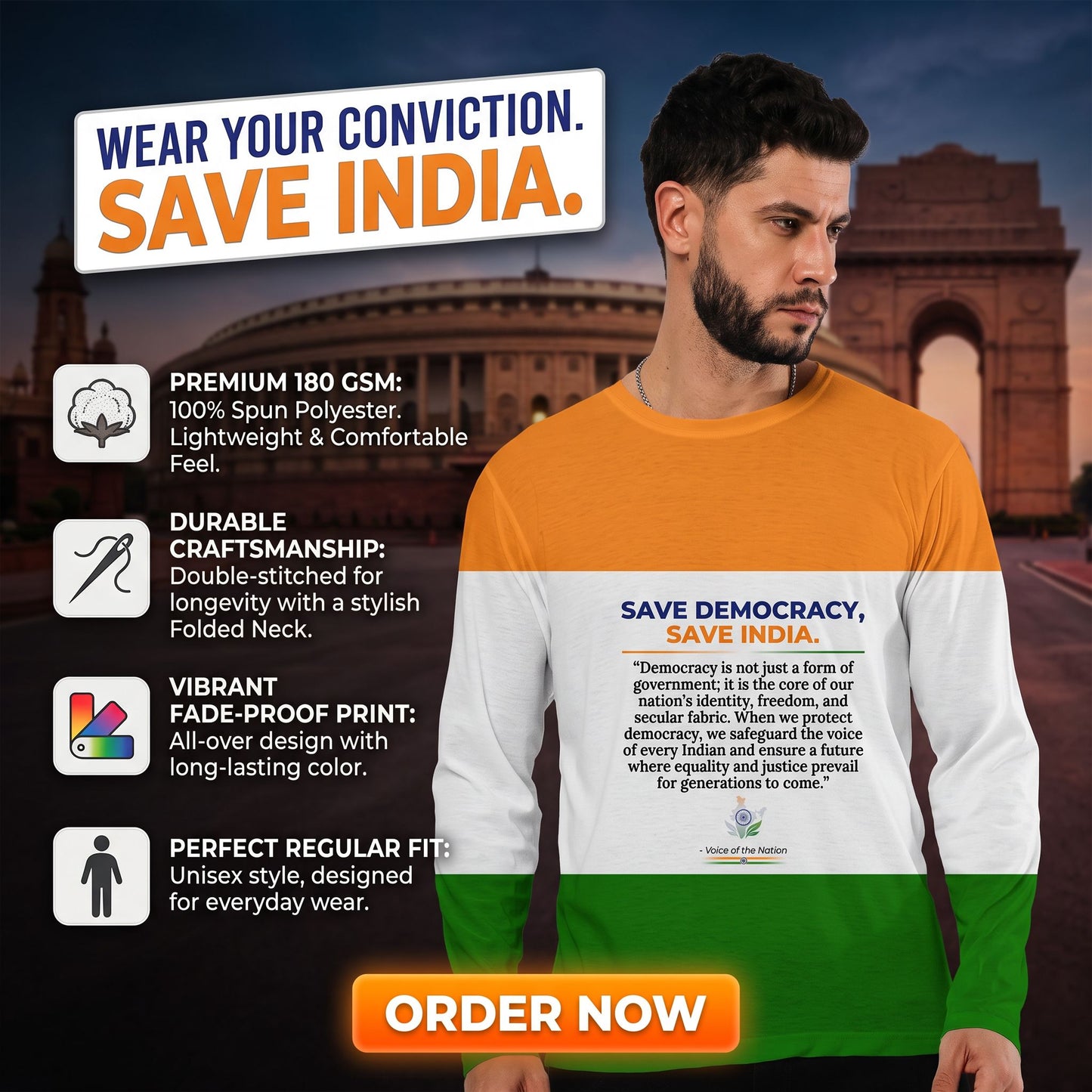 "SAVE DEMOCRACY SAVE INDIA" Inspirational Aop Men's Full Sleeve Tee