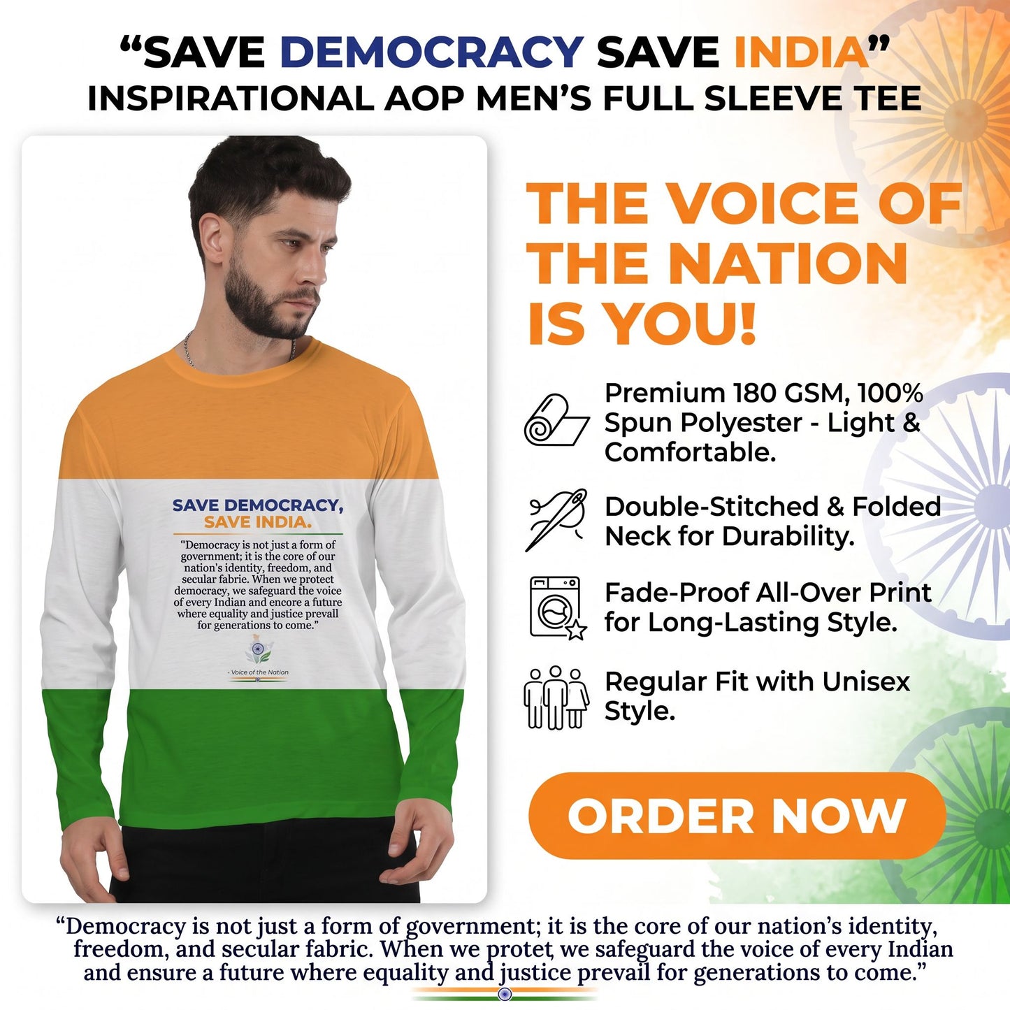 "SAVE DEMOCRACY SAVE INDIA" Inspirational Aop Men's Full Sleeve Tee