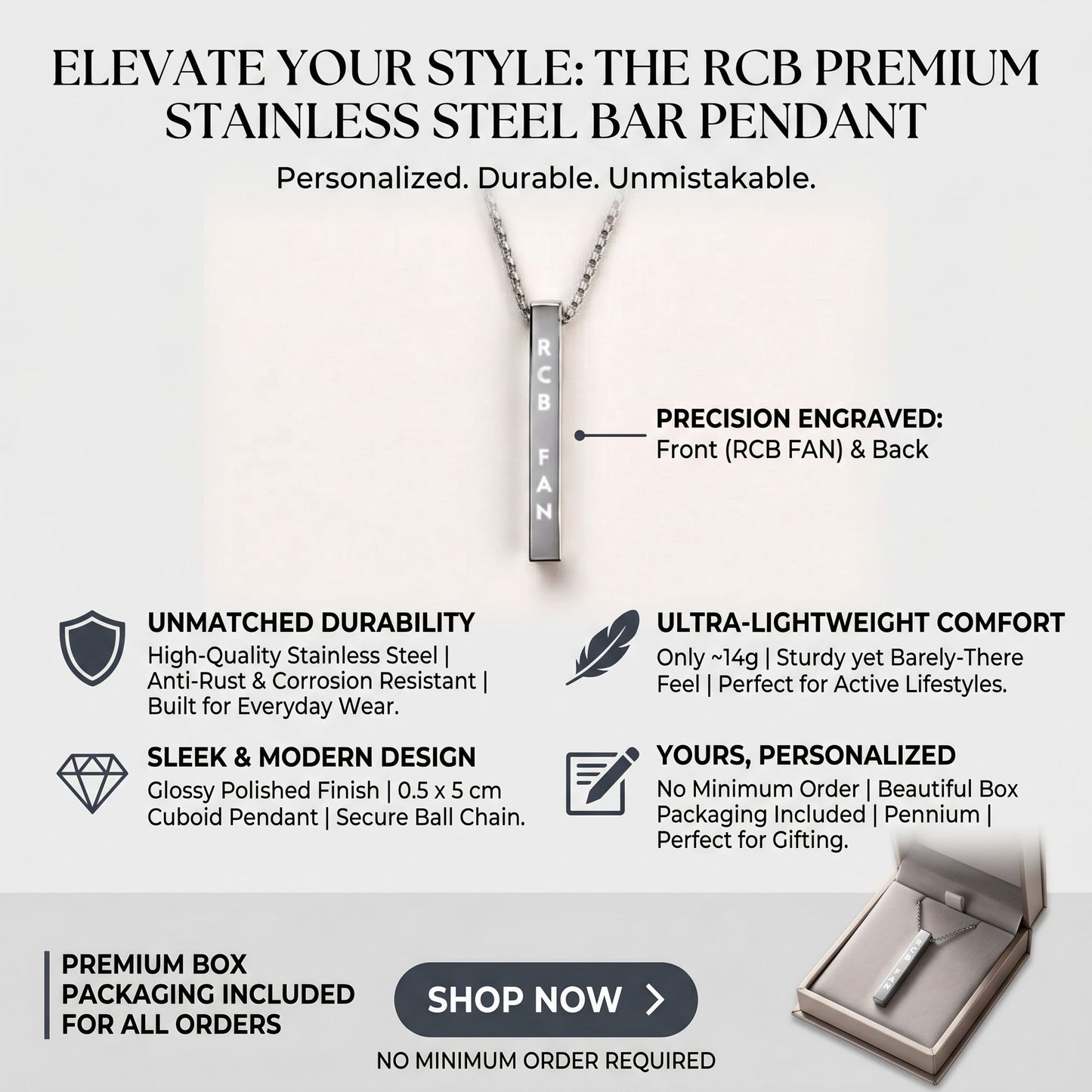 RCB Premium Stainless Steel Bar Pendant