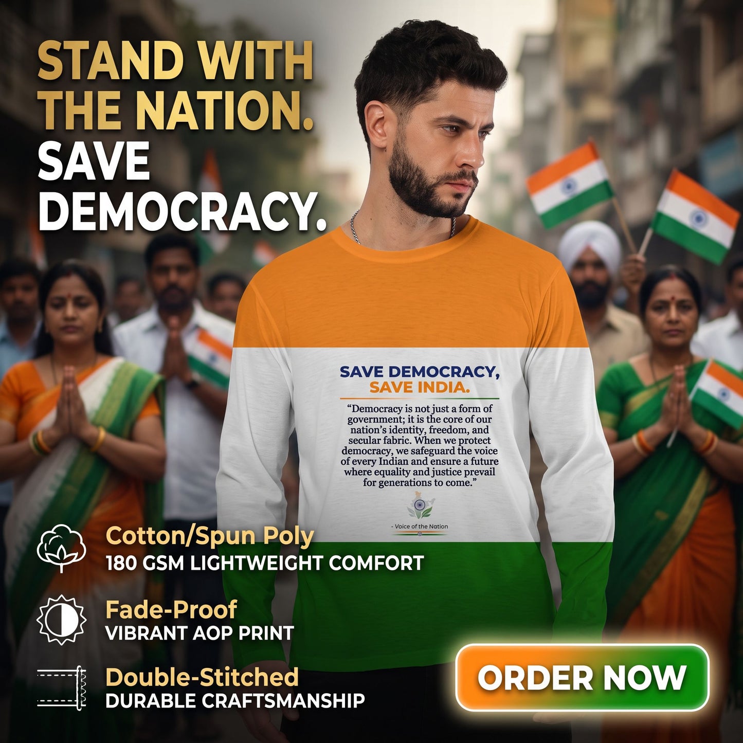 "SAVE DEMOCRACY SAVE INDIA" Inspirational Aop Men's Full Sleeve Tee