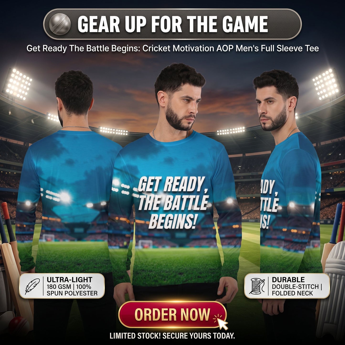 "Get Ready The Battle Begins!" Cricket Motivation Aop Men's Full Sleeve Tee