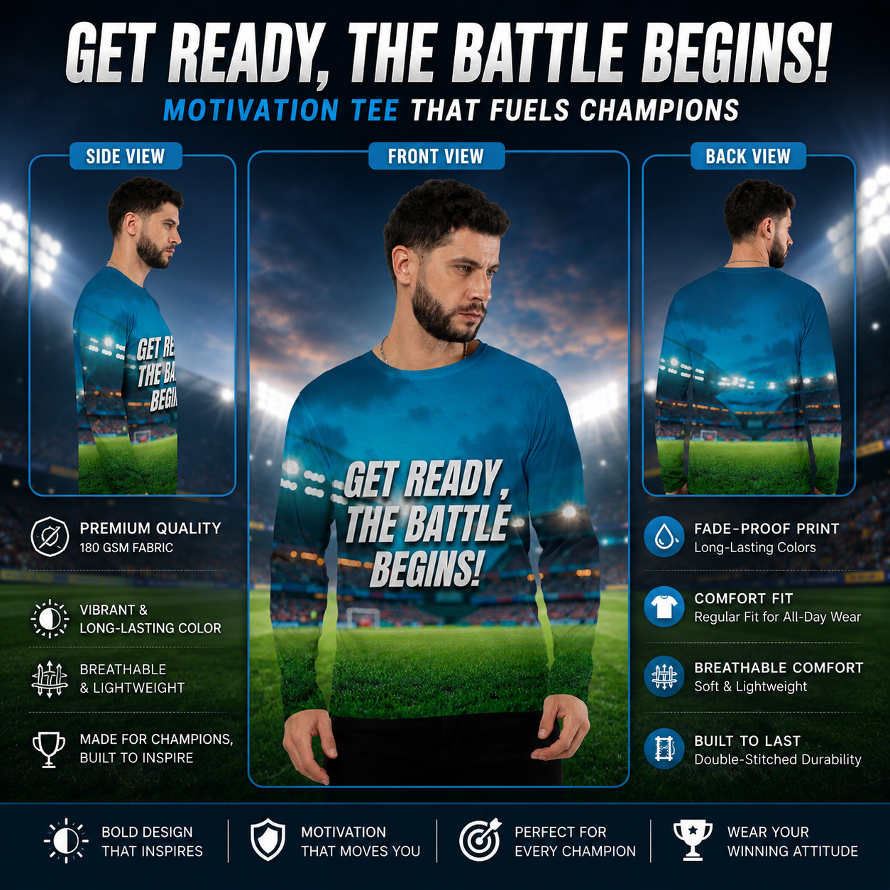 "Get Ready The Battle Begins!" Cricket Motivation Aop Men's Full Sleeve Tee